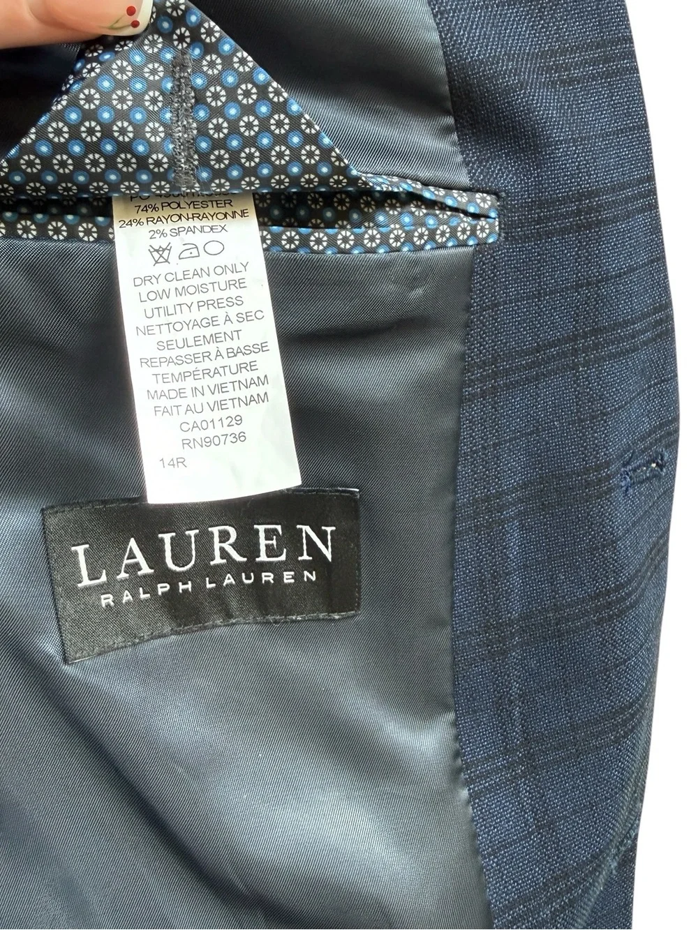 Lauren Ralph Lauren Boy’s Navy Windowpane Sport Coat Blazer 14R Tailored Stretch